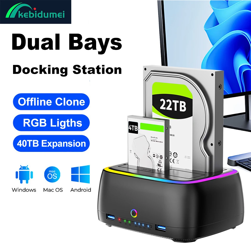 Док-станция для жесткого диска 5 Гбит/с, адаптер SATA-USB3.0 для 2,5 3,5 SSD RGB с эффектом подсветки, док-станция для жесткого диска, док-станция для жесткого диска