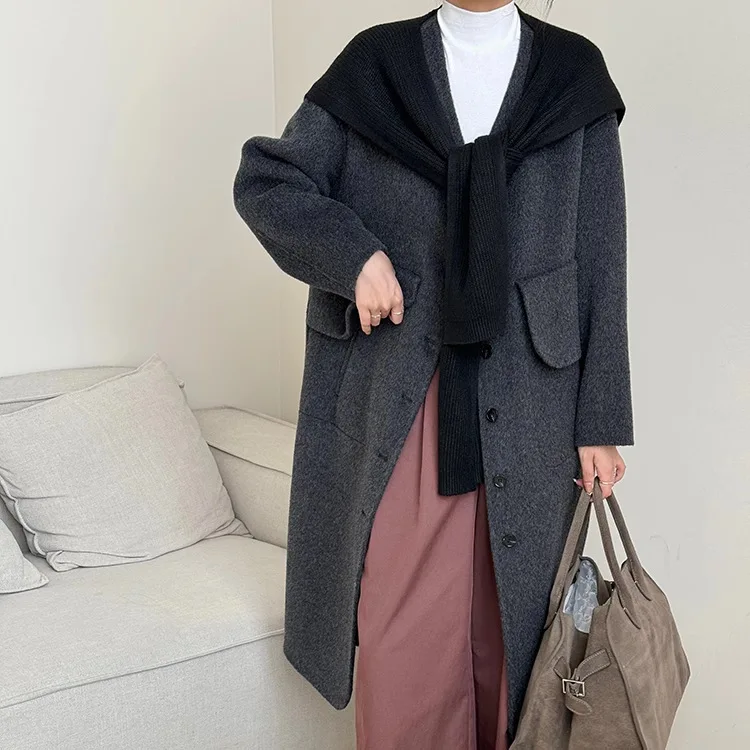 2024 Autumn/Winter Korean V-neck Double sided Cashmere Coat for Women, Middle and Long Sized with Knitted Scarf, Shawl, Woolen