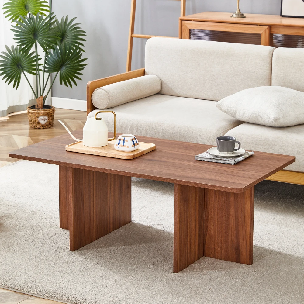 44.8 Inch Walnut Wood Grain MDF Coffee Table Modern Luxury Stable Triangular Support The Coffee Table Is Made of Medium Density