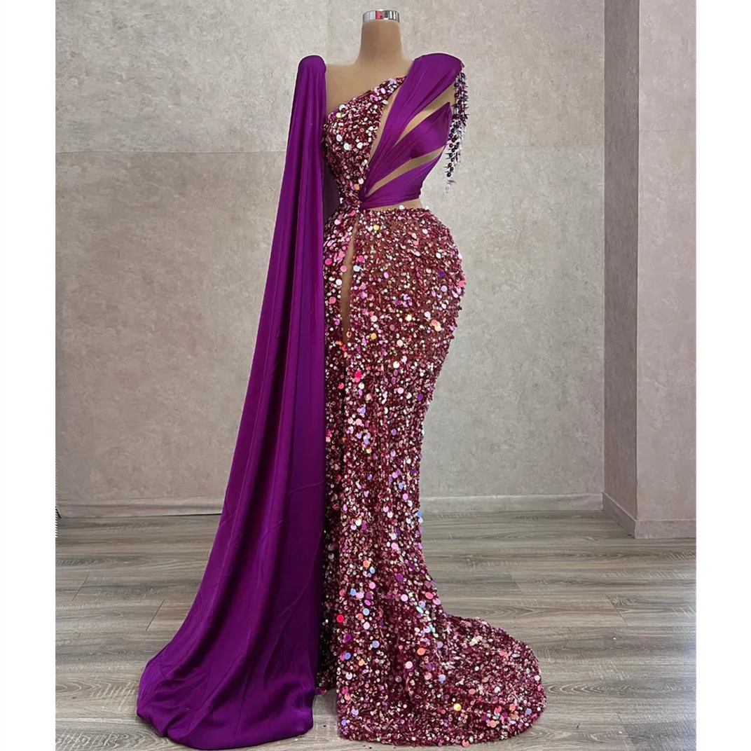 

Sparkly Mermaid Evening Dress V Neck Prom Gowns Sequins Beaded Appliques 3D Lace Satin Cape Side Slit Prom Dresses Customized