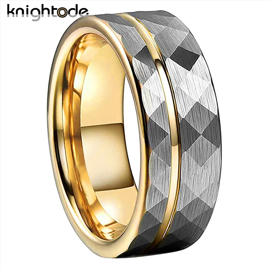 8mm 3 Colors Regular Hammered Tungsten Carbide Rings Fashion Jewelry for Men Women Wedding Band Flat Offset Groove Comfort Fit