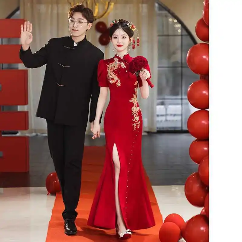 

Yourqipao Summer Wine Red Cheongsam Bride Toast Dress Long Waist Fishtail Slit Engagement Chinese Style Wedding Dress for Women