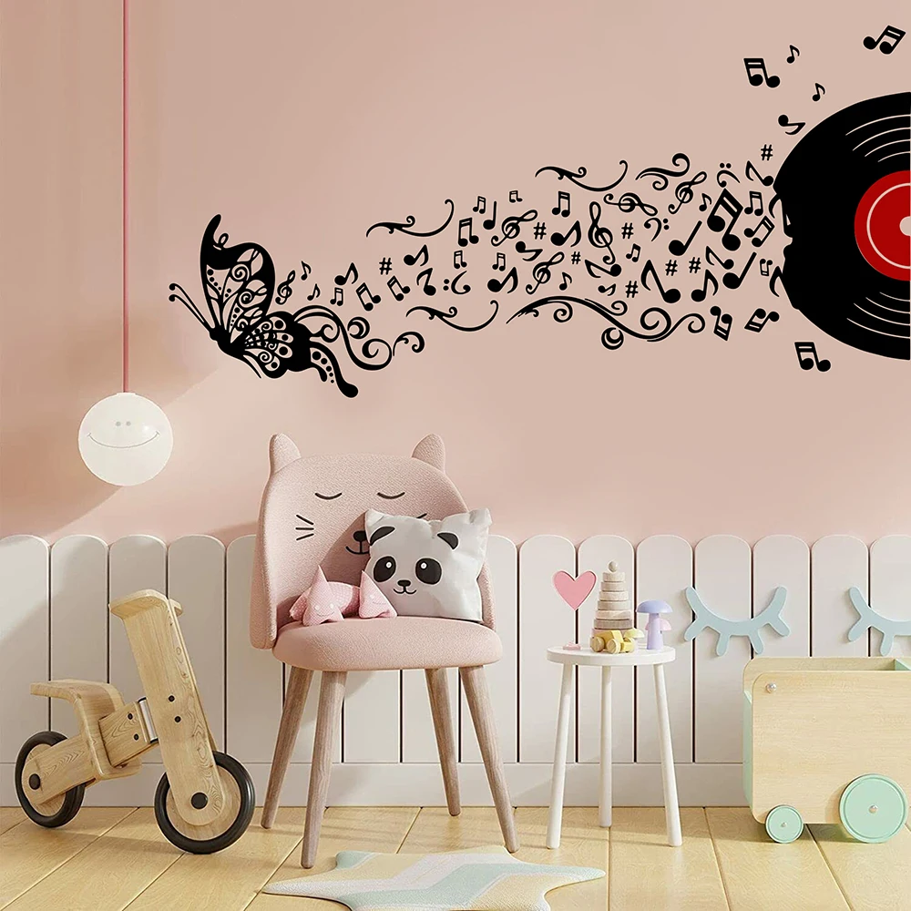 Musical Notation with Disc Butterfly Wall Sticker Decal Playroom Bedroom, Enjoy Music Note DJ Jazz  Classroom Home Decor