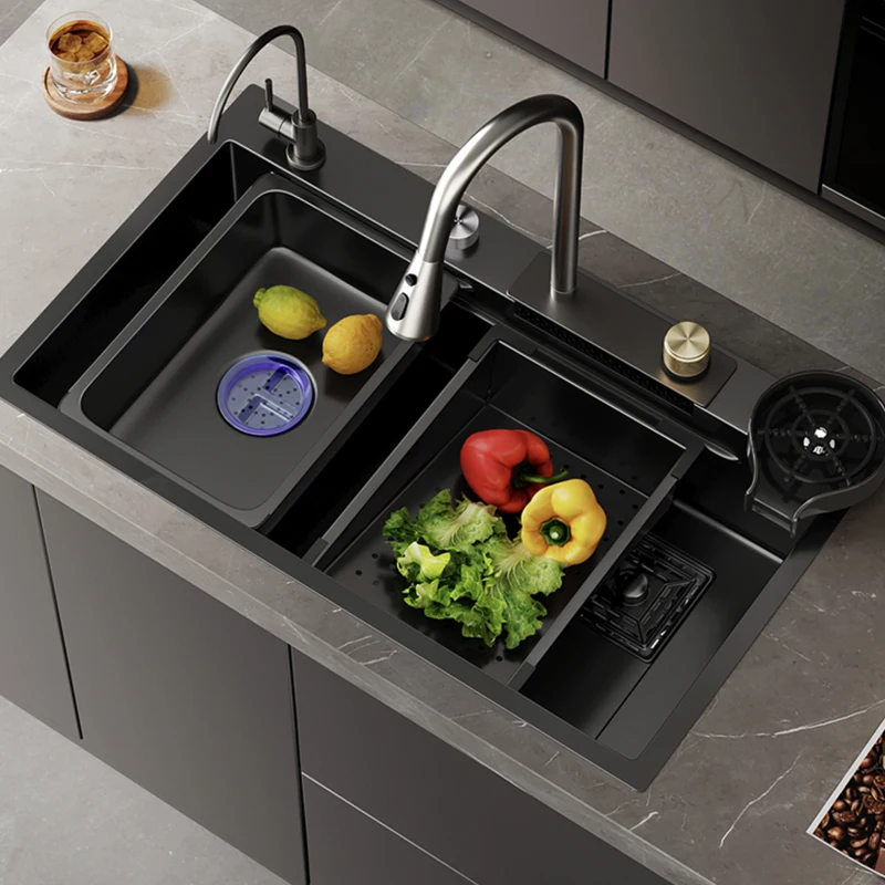 Imagem -02 - Pia de Cozinha em com Dreno Grande Tigela Única Lavatório Undercounter Topmount Black Faucet Raindance Waterfall Aço Inoxidável