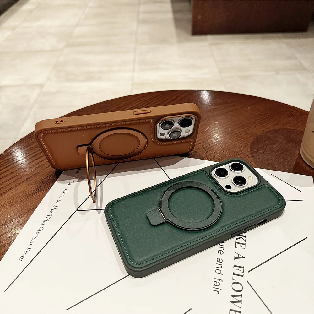 PU Leather Magnetic Case for Apple iPhone 17 Air 16 15 14 13 12 Pro Max With Foldable Ring Kickstand Stand for Magsafe Charger view 3