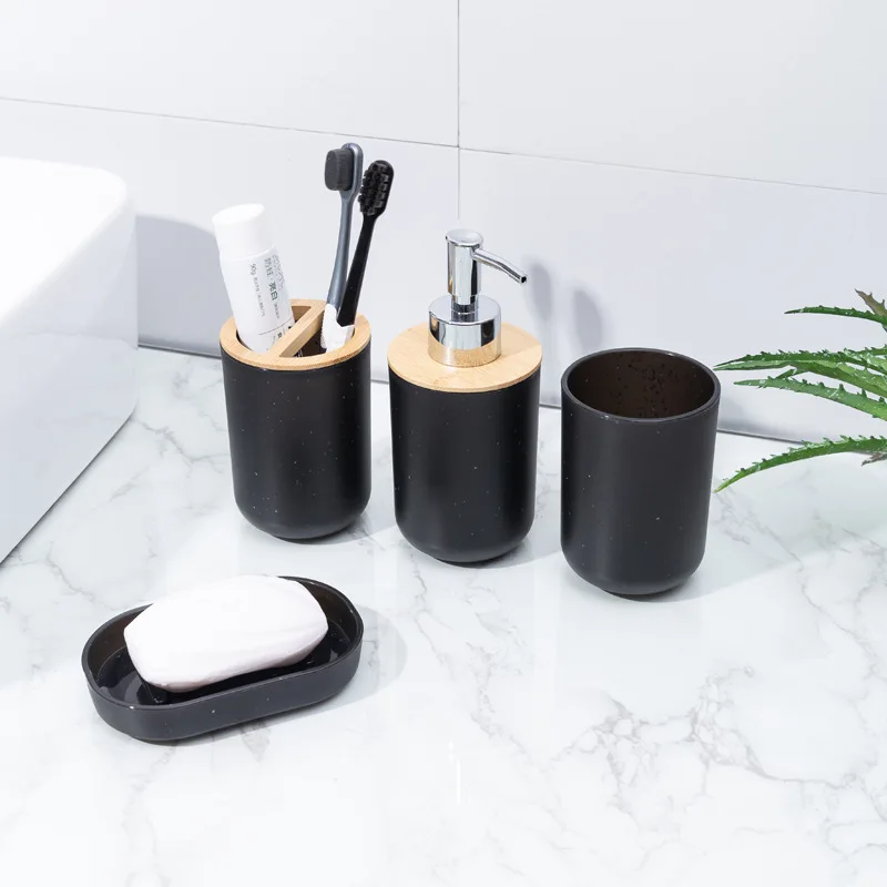 4PCS Set Imitation Marble Kitchen Bathroom Liquid Soap Dispener Bottle Shampoo Spender Mouthwash Cup Soap Dish Toothpaste Holder