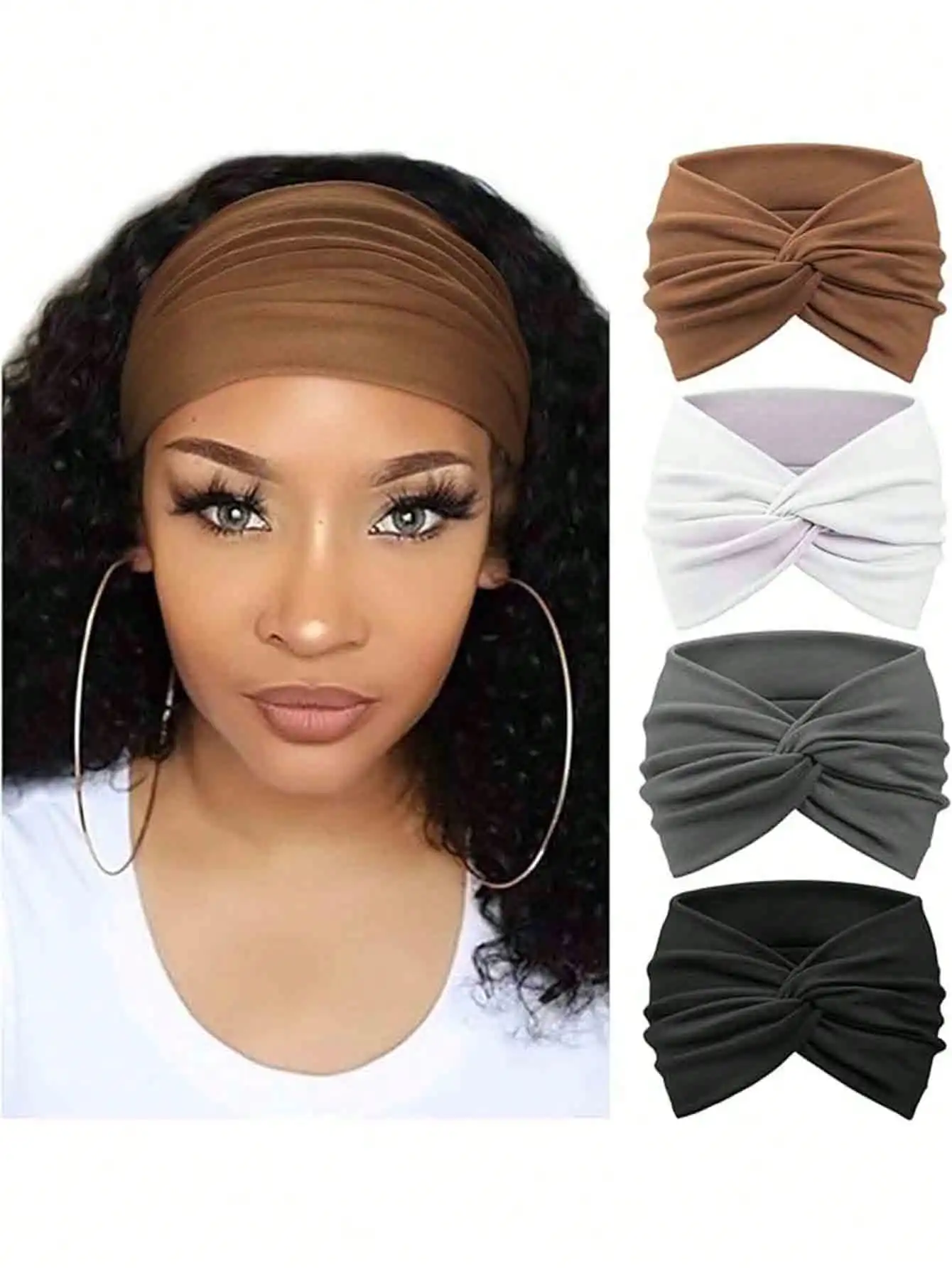 

4-Pack Vintage Criss Cross Boho Headbands - Elastic Hair Accessories (Coffee/White/Dark Grey/Black)