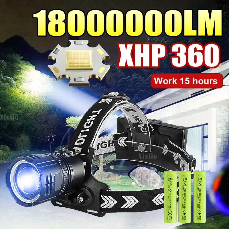 18000000lm Lechera delantera de alta potencia XHP360 Flight Flight Floor recargable 18650 Fuerte Linter linterna de pesca linterna led recargable cabeza  linternas de cabeza Caminata por la noche de senderismo