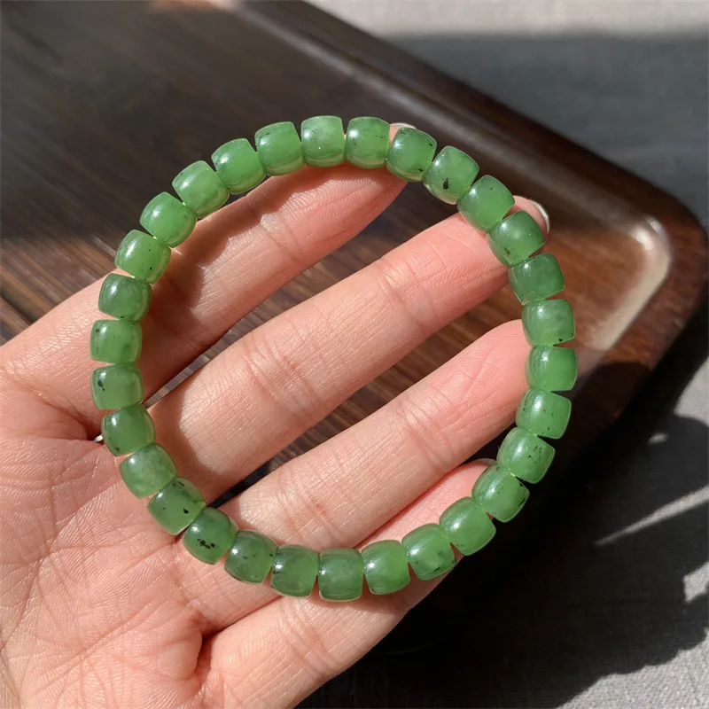 

Premium Natural Hetian Jade Russian Old Material Straight Cut Bead Bracelet Jasper Green
