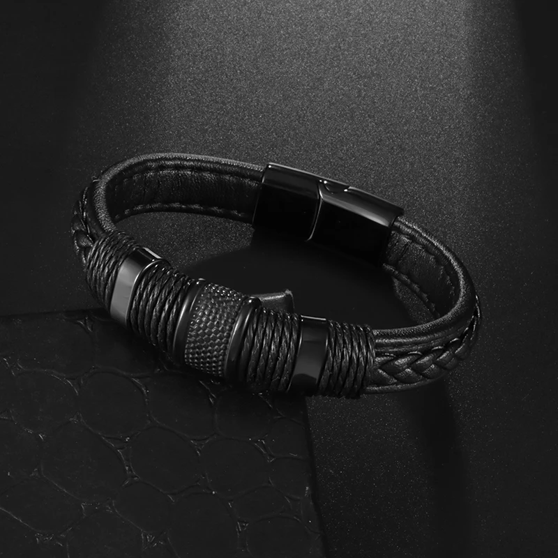 Classic Black Woven Leather Wrap Bracelet for Men Gold Color Metal Magnetic Clasp Birthday Gift