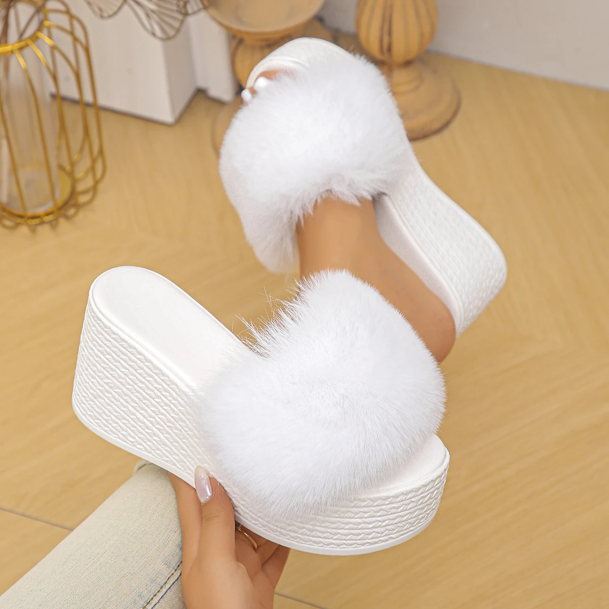 Damen-Sandalen mit Fellbesatz, Keilabsatz, hohe Absätze, Slip-on-Plateauschuhe, bequeme Strandsandalen, große Größen, elegante Sandalen für den Außenbereich.