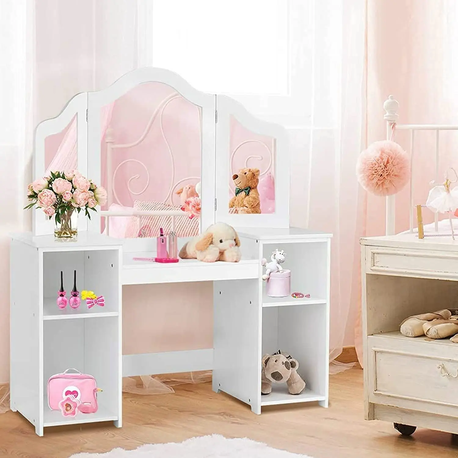 Kids Vanity Table & Chair Set with Tri-Folding Mirror, Wooden Makeup Dressing Table for Toddler Pretend Play, White, Customized
