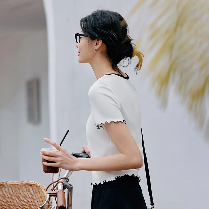 Semir-Camiseta de manga corta para mujer, capa Base ajustada, cuello redondo cuadrado, Top fino de verano, dobladillo con volantes para estilo informal