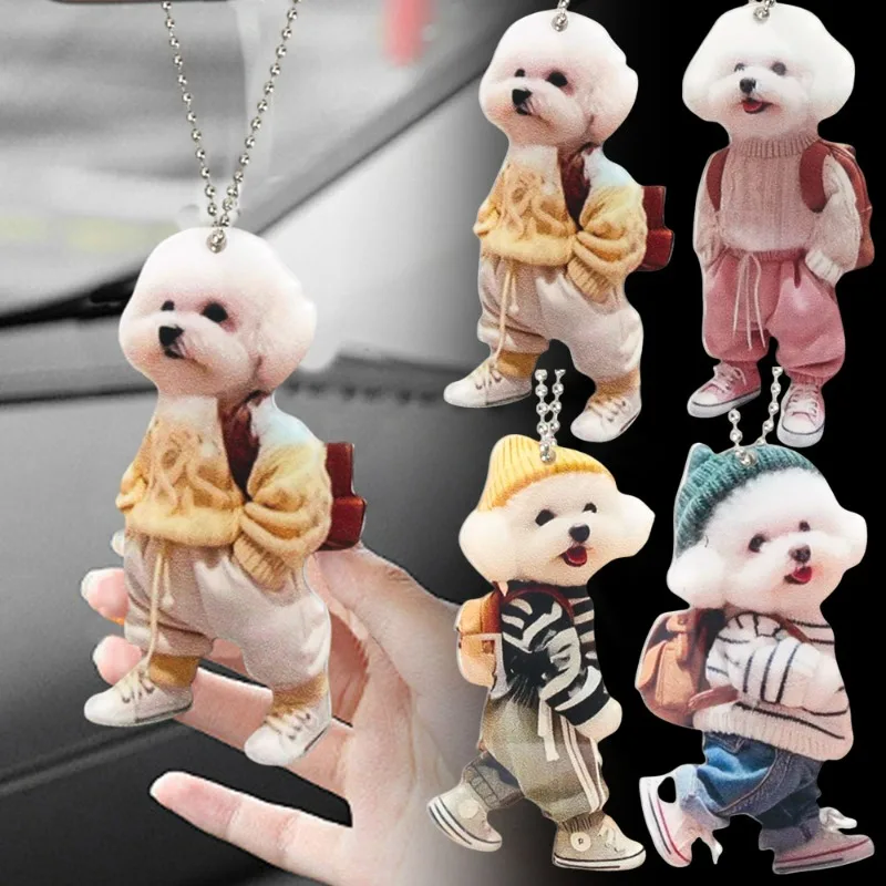 New Acrylic Puppy Car Pendant Cute Anthropomorphic Teddy Dog Acrylic Flat Decoration Backpack Keychain Christmas Tree Pendant