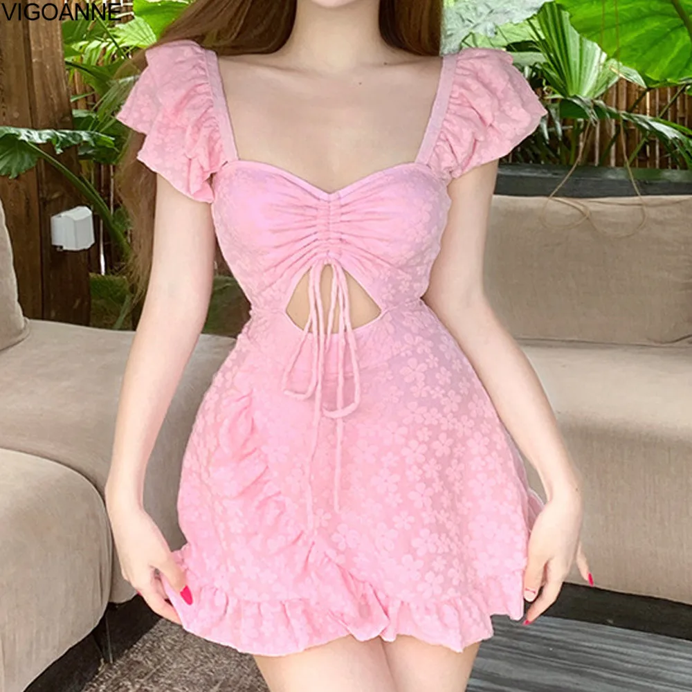

VigoAnne Pink Ruffle Dress Swimwear Women 2025 Hollow Push UP One Piece Swimsuit Sexy Korean Monokini Lady Backless Bathing Suit