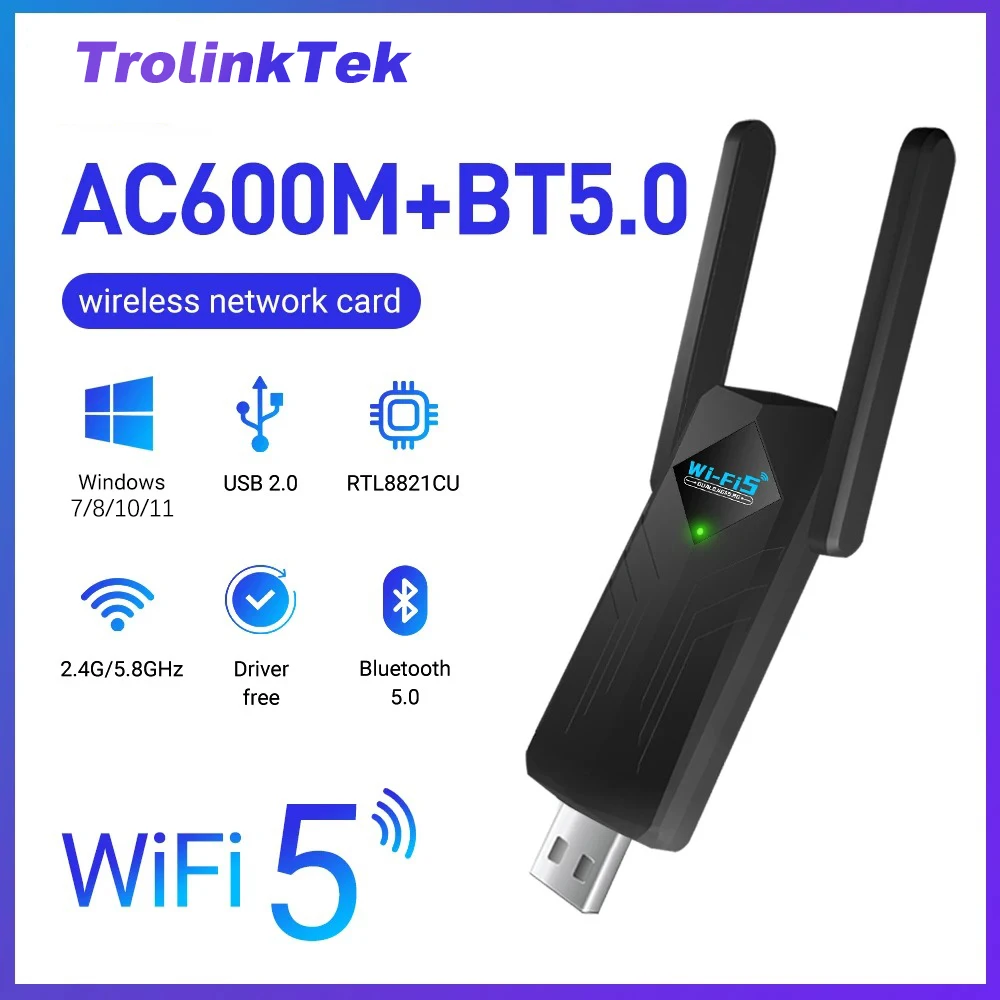 

USB-адаптер Wi-Fi 5 AC600 с Bluetooth 5.0, двухдиапазонный 2,4 ГГц/5 ГГц, беспроводной Wi-Fi-донгл, сетевая карта USB, беспроводной приемник для настольных ПК и ноутбуков