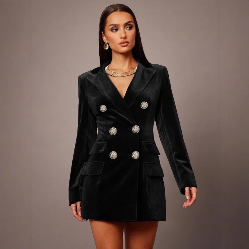 Luxury Double-breasted Slim Blazer Women Turn-up Collar Suit Long-sleeved Top Design Trench Coat Jacket Solid Color Coats