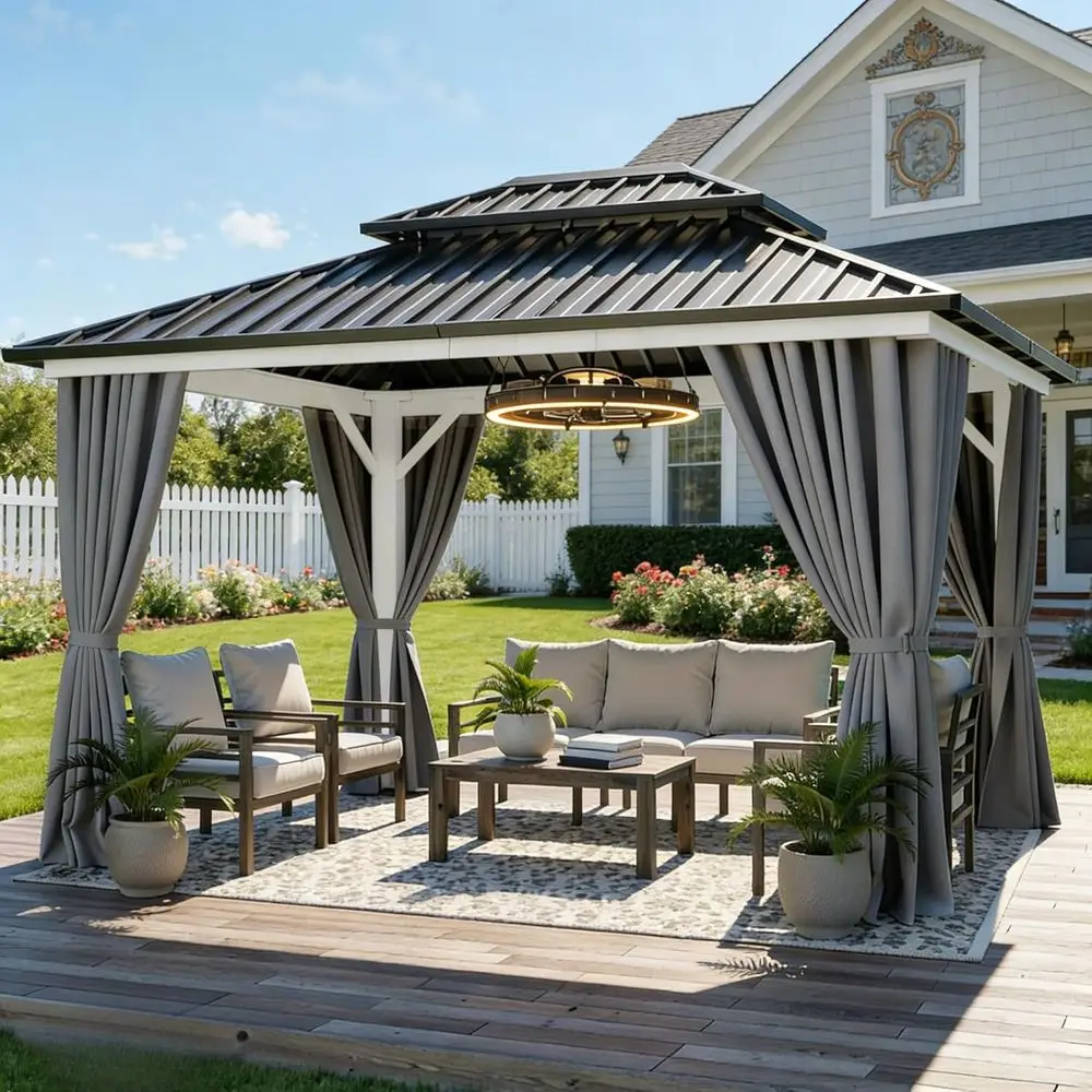 

White Gazebo Hardtop 10x12t Double Roo e Galvanized Outdoor Gazebo with Netting and Shaded Curtains Garden Tent or Patio, Backya