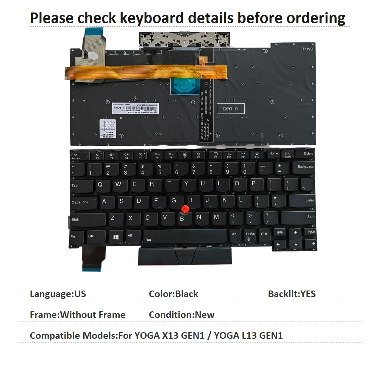 New US Language  Backlit Keyboard For Lenovo Thinkpad YOGA X13 GEN1 / YOGA L13 GEN1 Notebook PC Replacement Keyboard