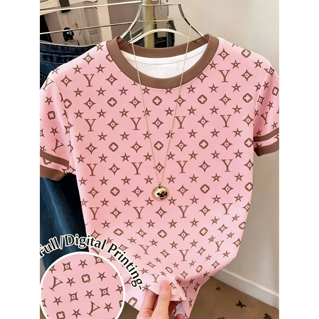 

Women's geometric pattern letter print loose round-neck short-sleeved t-shirt - summer casual comfortable top