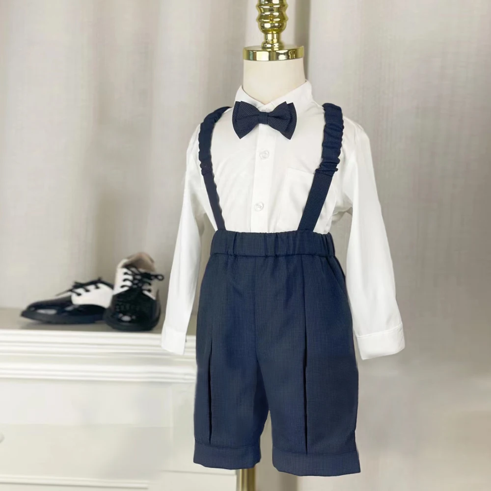 Boys Tuxedo Children Formal Wedding Suit Kids Grey grid Vest Short Botwtie  Suit Flower Boys Birthday Party Dress Costume