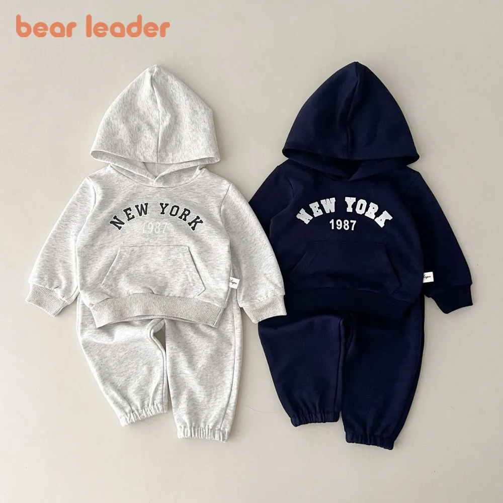 

Bear Leader Autumn New Boys and Girls Casual Clothing Korean Version Gray Letter Printed Long Sleeved Hooded+Pants Two-piece Set