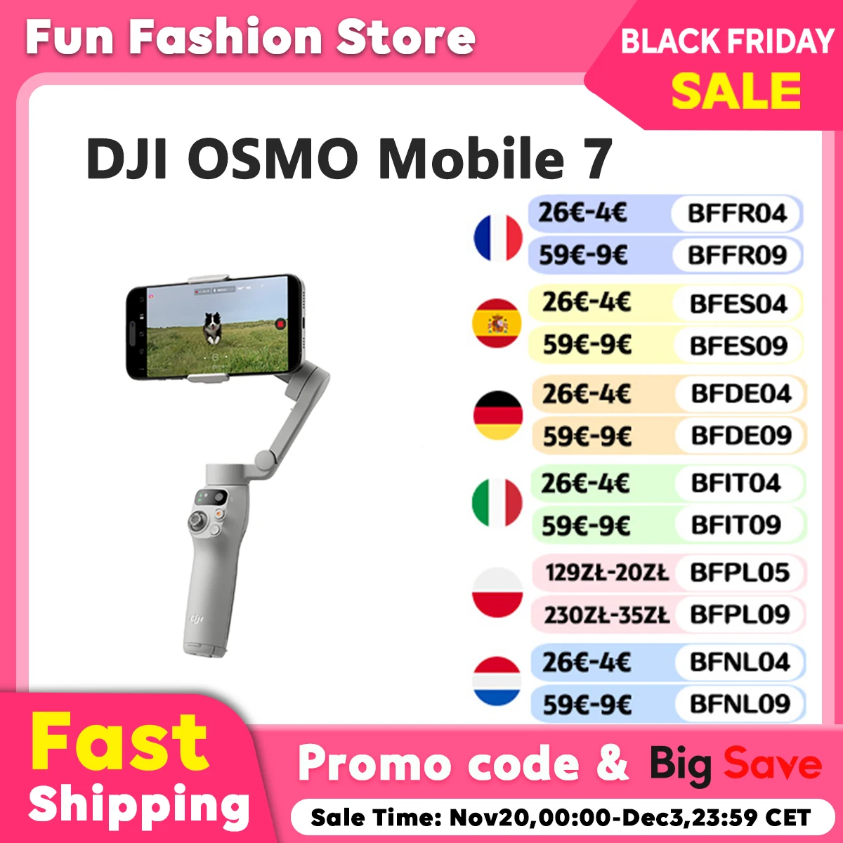 مثبت Gimbal للهاتف الذكي DJI-Osmo 7 ، تتبع أصلي ، صوت مدمج ، إمكانية إضاءة ، أصلي ، جديد