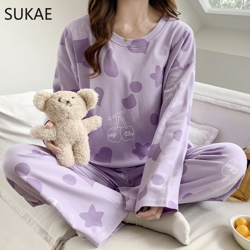 SUKAE Sweet Women Pyjama Korean Spring Autumn New Faux Cotton Sleepwear Youth Lady Homewear Chic Girls Nightwear Woman Home Suit