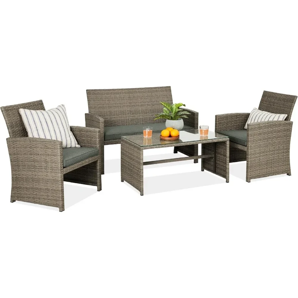 

4-Piece Outdoor Wicker Patio Conversation Furniture Set for Backyard w/Coffee Table, Seat Cushions - Taupe/Slate Green