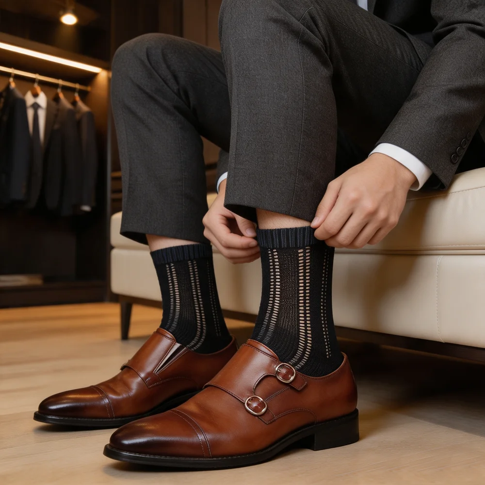 Men's High Quality Business Dress Socks Striped Ribbed Formal Suit Work Breathable Comfortable Office Wear