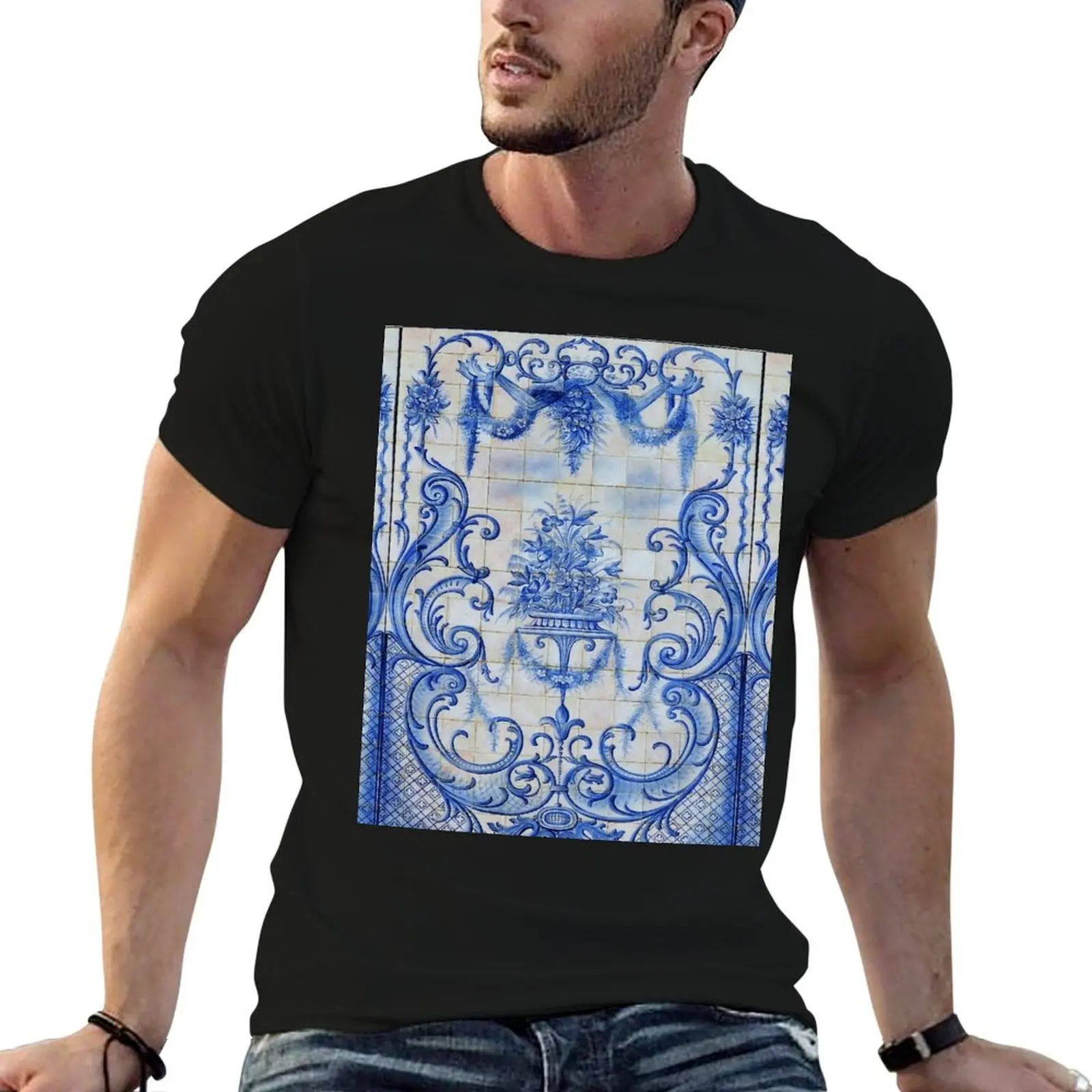 Portuguese tiles azulejo pattern in blue and white T-Shirt summer clothes Blouse kawaii clothes t shirt men