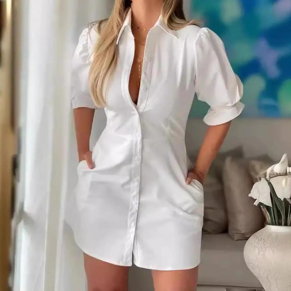 

Women Mini Dress Elegant Lapel Shirt Dress for Women Short Sleeve Business Midi Dress Solid Color Commute Office Attire Solid