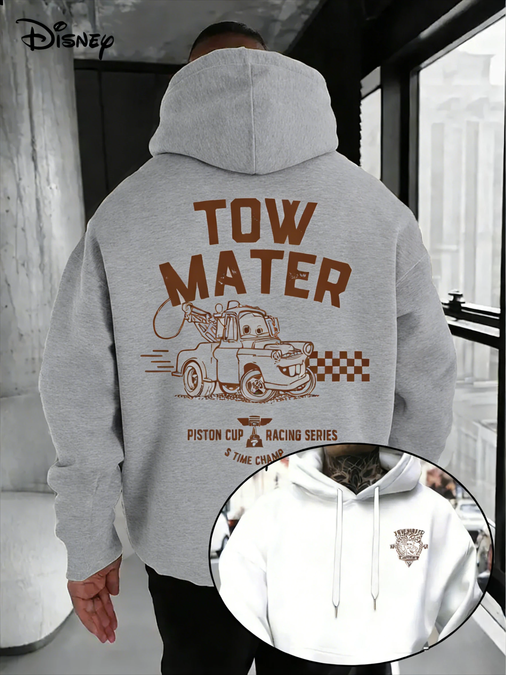 Disney Cars Kapuzenpullover aus blauer Baumwolle, Tow Mater-Charakterdruck mit karierter Flagge und Kolbenbecher-Design, langärmeliges, lässiges Sweatshirt