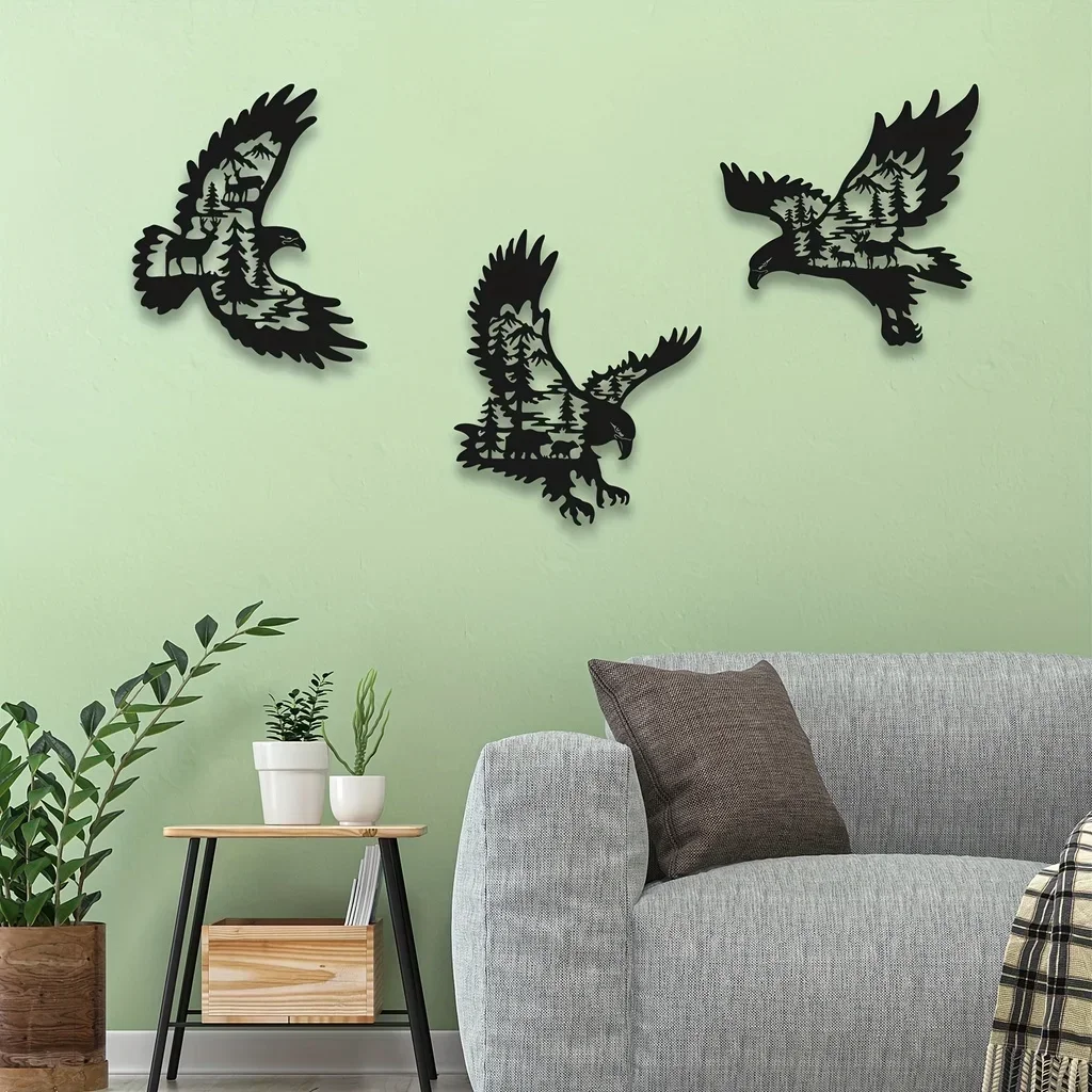 Metal Eagle Wall Hanging Art Decor Bald Eagle Bear, Deer, Elk Silhouette Pattern Bedroom Livingroom Garden Fence Home Decoration