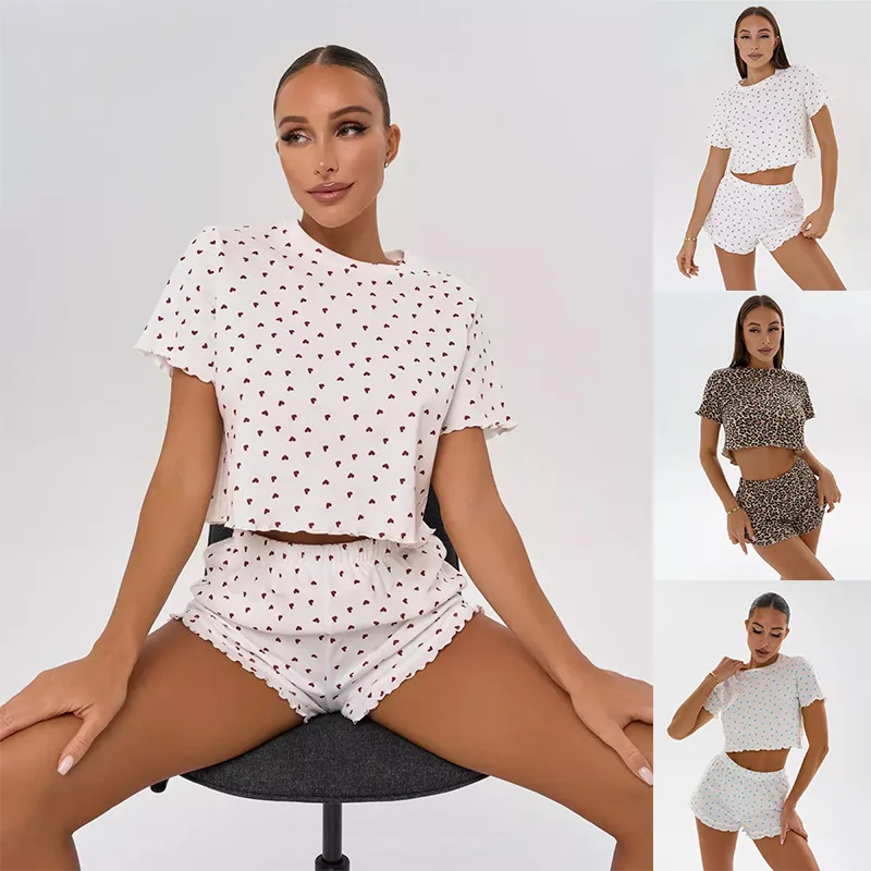 

Women Sleepwear Suit Pajamas 2 Piece Set Short Sleeve Top Shorts Nightwear Outfits Print Round Collar Summer Loungewear Ensemble