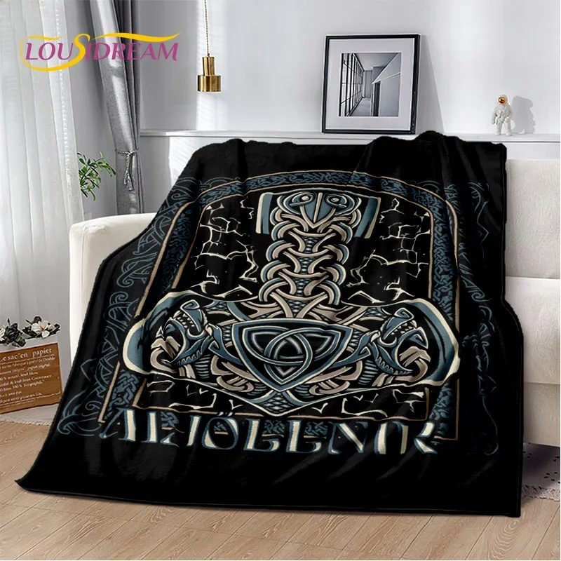 Nordic Viking Mythology Symbols Cobertor de flanela, Cobertor para sala de estar, quarto, cama, sofá, piquenique, crianças, Odin Cartoon Plush, 3D