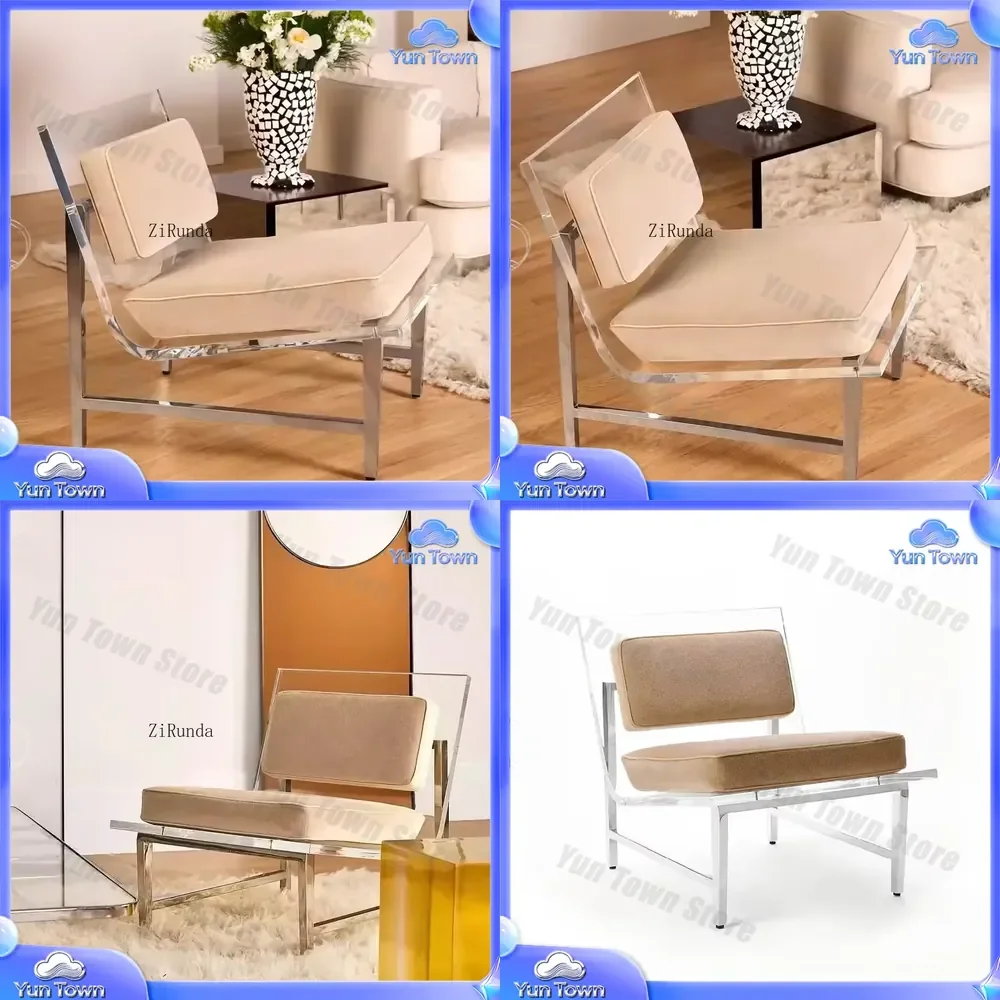 Linen Transparent Sofa Chair for Acrylic Single Leisure Recliner for Living Room Bedroom Modern Minimalist Accent Chair for