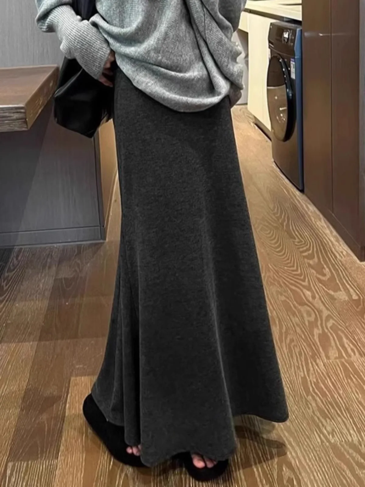 Wool Knitting Fishtail Skirt Women Autumn and Winter High Waist A Word Sheath Mid-Length Skirt Drape Dark Gray Long Skirt