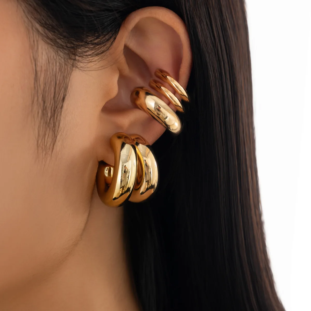 

5PC Gold Color High Range Ear Cuff Stainless Steel Metal Unique Fashion Trendy Gift Women's Earring Jewelry Set for Women