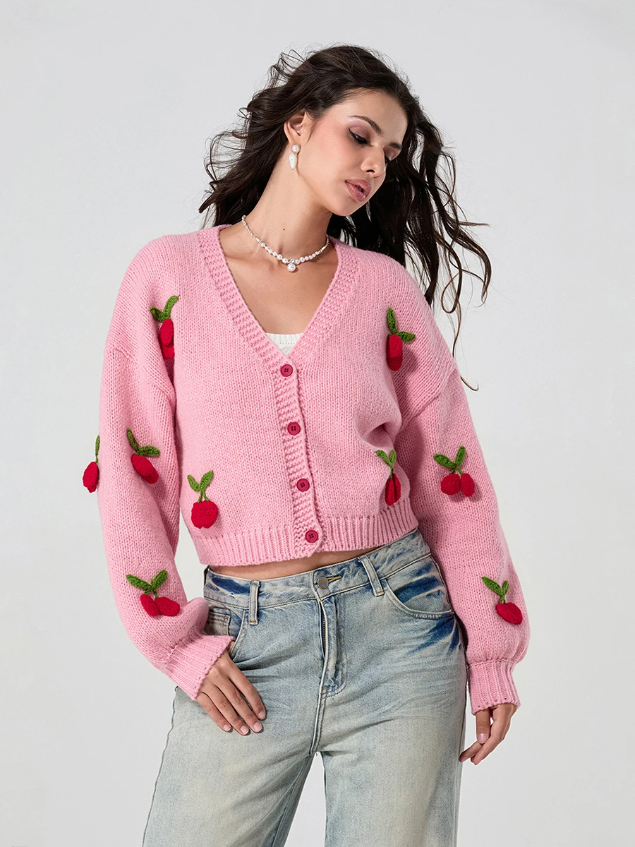 wsevypo Fall Winter Sweet Knit Sweaters Coats Women\'s Strawberry/Cheery Decor Long Seeve V-neck Button down Cropped Cardigans