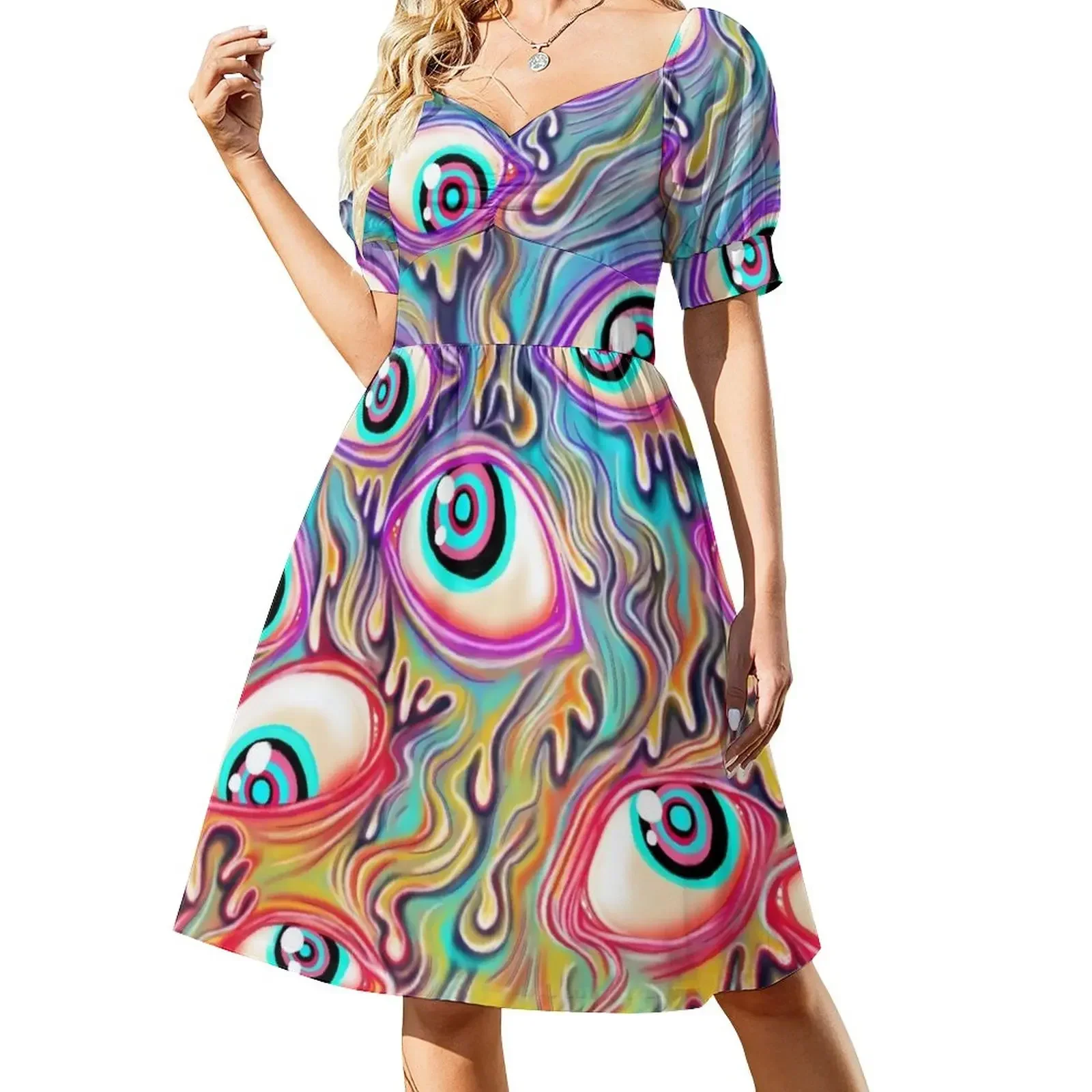 

Eyeball Pattern Short-Sleeved Dress elegant women's sets summer dresses Dress