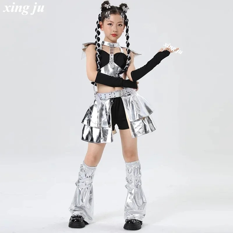 Argento Moda Bambini Set di danza jazz Kpop Concorso di danza Costumi Abiti per spettacoli teatrali Ragazze Hip Hop Street Dance Wear