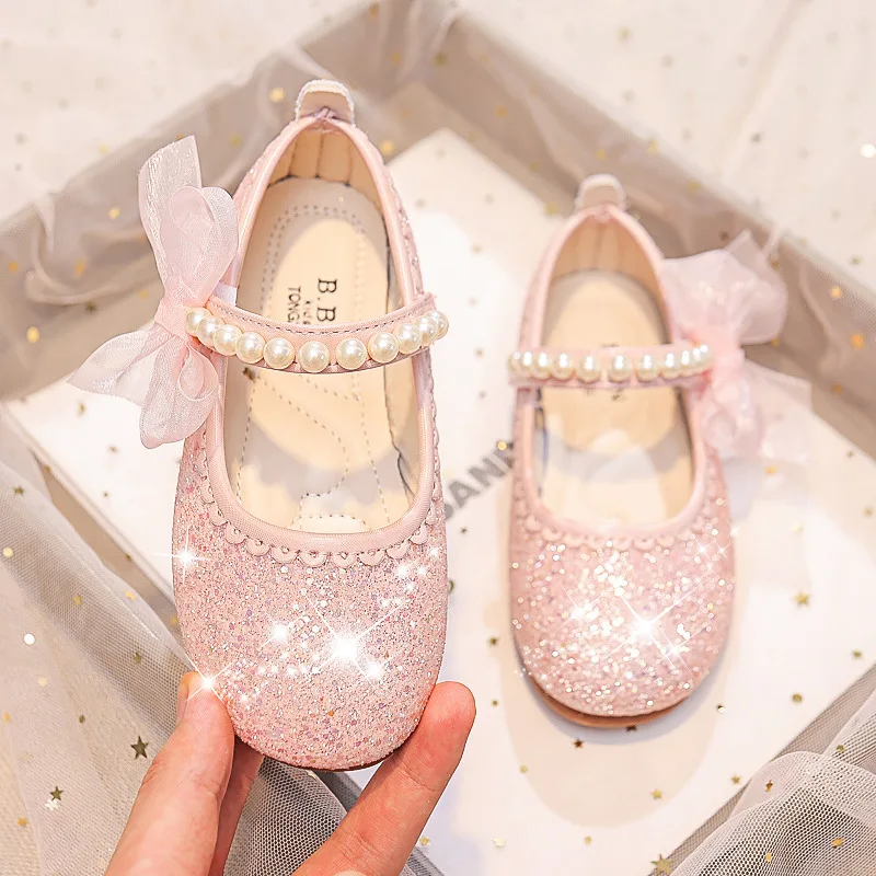 Girls Oxfords Bling Shoes Spring Autumn Kids School Dancing Shoes Pearl Beadings Big Girls Soft PU Leather Shoes Pink, Beige