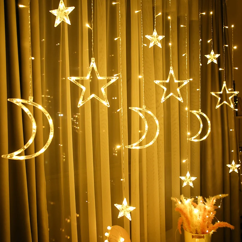 3.5M Romantic Moon Star LED Curtain String Festival Garland Fairy Light Outdoor Garden Wedding Christmas Holiday Home Decor