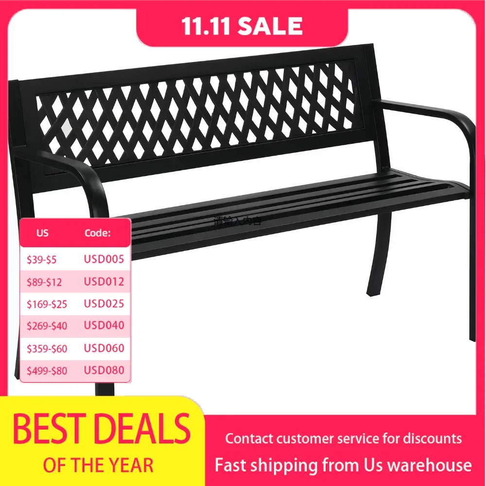 Outdoor Bench Garden Bench, Metal Porch Bench w/PVC Back, Black Outdoor Park for Yard Lawn Decor Deck Entryway