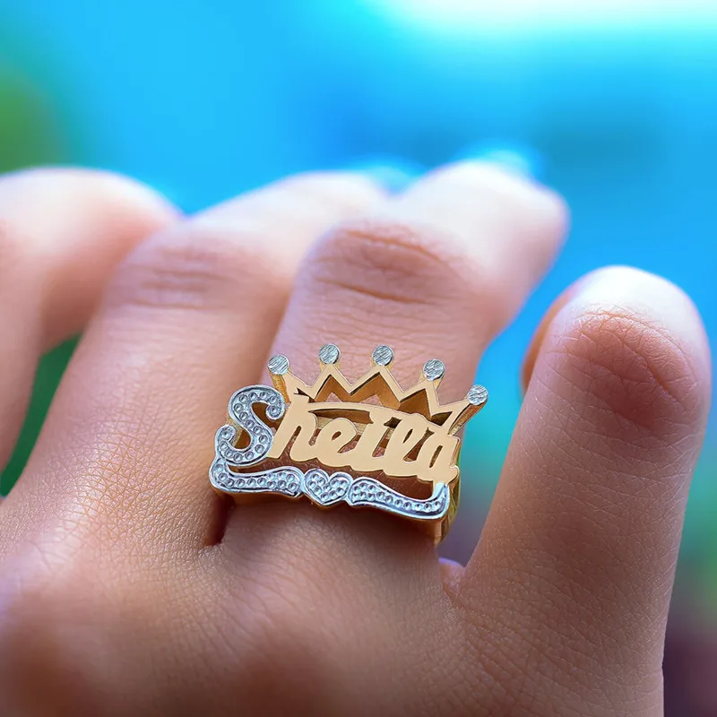 

Personalized Name Ring Carved Name Two Tone Rings With Crown Ring Custom Handcrafted Design Jewelry For Men Women Gifts