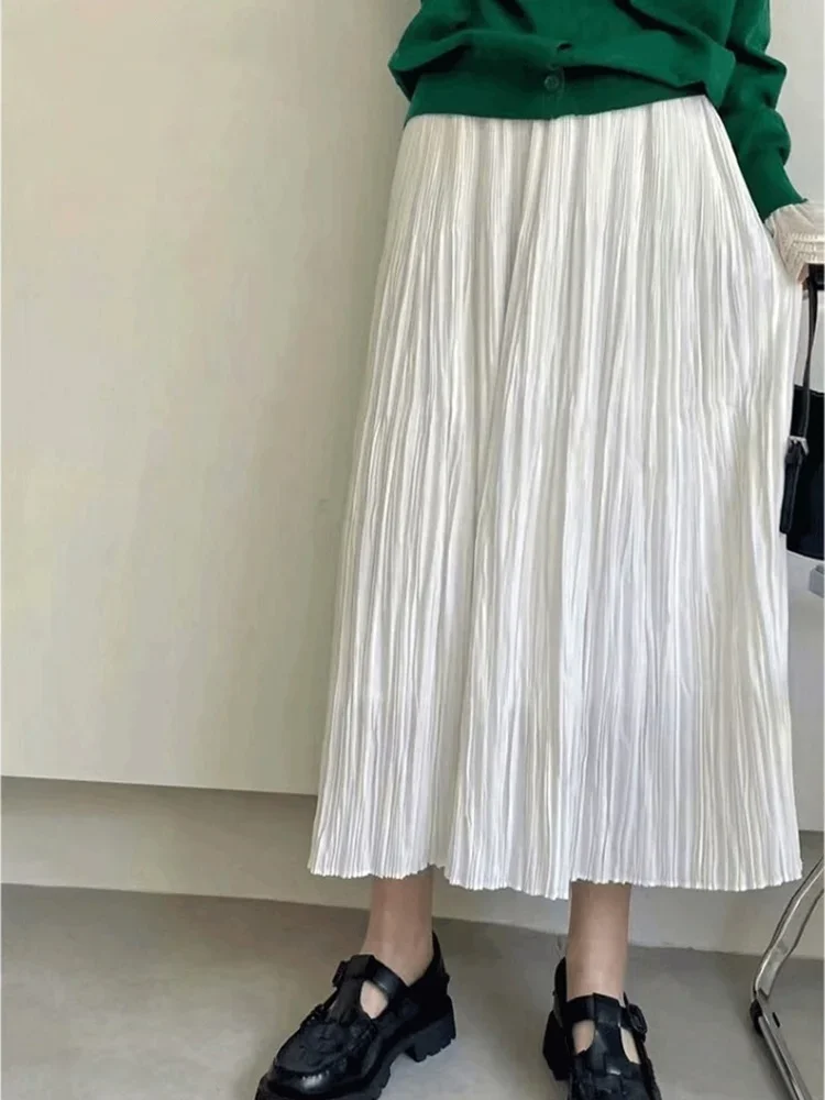 Long Pleated Skirts Womens Gray Summer Spring Elastic Waist Pink Solid A Line Long Skirt Women White Summer Skirt Maxi For Women