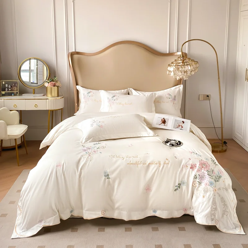 Flowers Embroidery Bedding Sets Luxury 4pcs Ivory White 100% Cotton Duvet Cover Fitted Bed Sheets Pillowcases King Queen Size