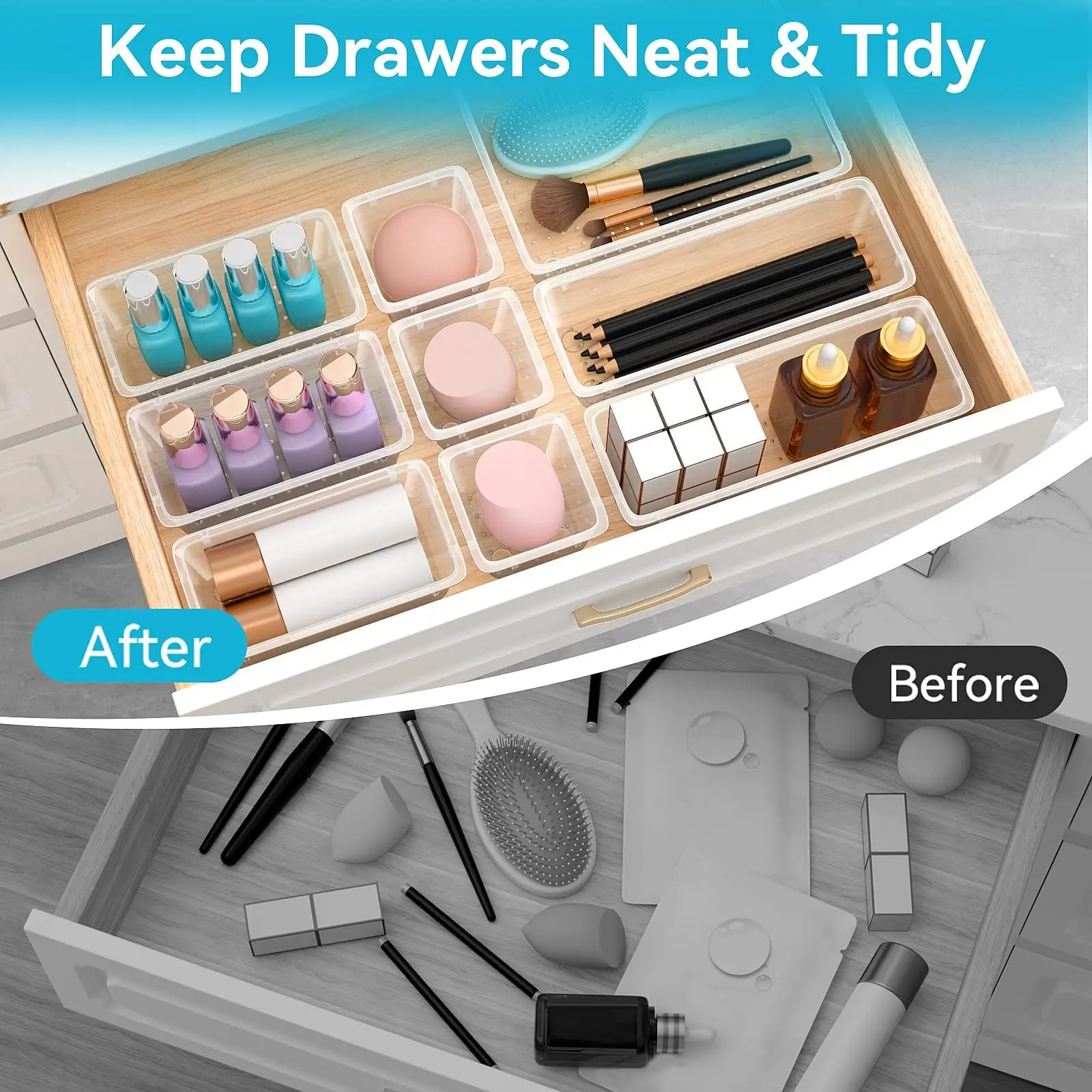 36/9/6Pcs Drawer Organizers, Clear Plastic Tub Containers for Bathroom Dressing Table Storage, Home Organization Makeup, Kit