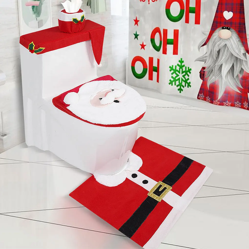 Soft And Comfortable Christmas Toilet Cover Four Piece Set Can Add Christmas Joy To Every Corner